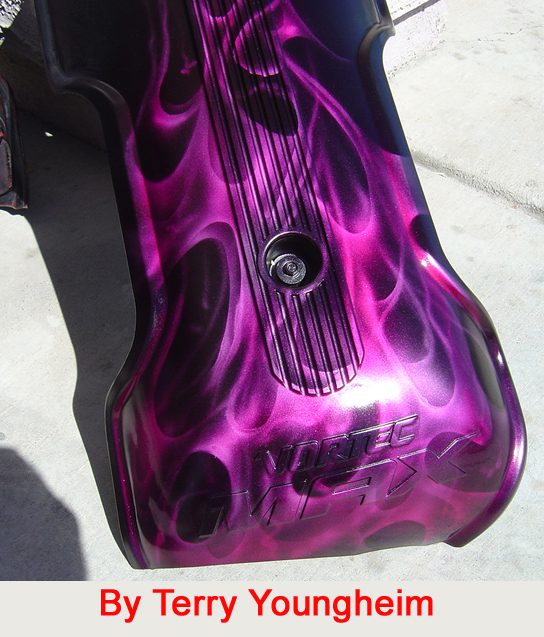 Purple People Eater Real Flames True Fire Flames motorcycle engine cover by Terry Youngheim of Las Vegas